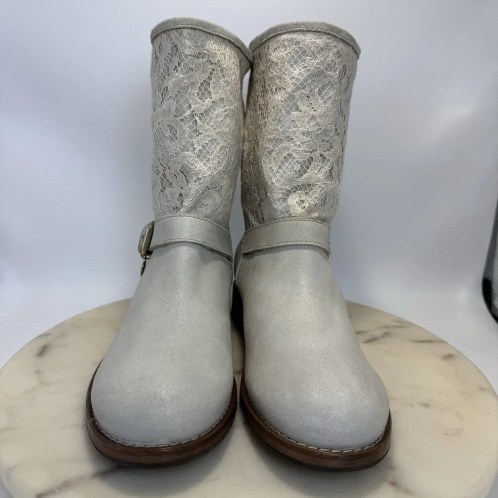 Twinset Simona Barbieri Stivali Chantilly Leather Boot Floral Lace Shaft Size 40